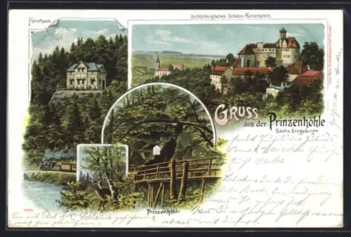 AK Hartenstein / Sachsen, Ansicht des Schönburg`schen Schlosses, Prinzenhöhle, Forsthaus