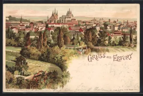 Lithographie Erfurt, Blick auf die Stadt