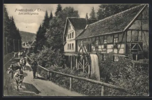 AK Friedrichroda i. Th., Gasthaus Schauenburgmühle mit Mühlrad
