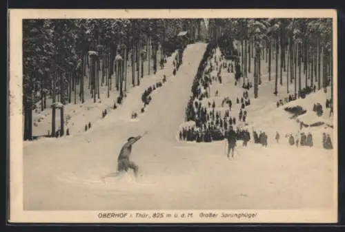 AK Oberhof i. Thür., Grosser Sprunghügel mit Skifahrern