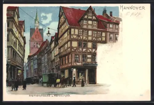 Lithographie Hannover, Kramerstrasse und Marktkirche mit Pferdewagen