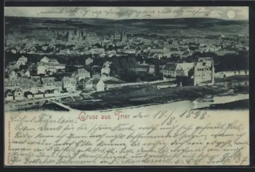 Mondschein-AK Trier, Teilansicht mit Kirche