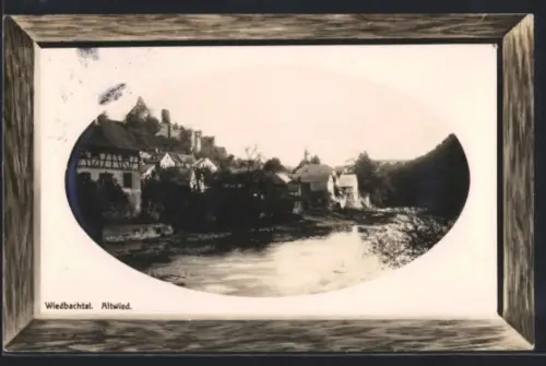AK Altwied /Wiedbachtal, Uferpartie mit Ruine, Passepartout