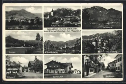 AK Lenggries, Panoramablicke, Strassenpartie, Bahnhof und Post