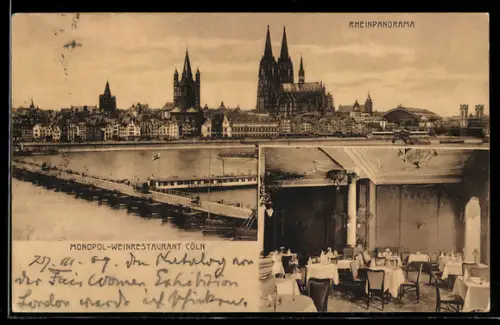 AK Köln, Inneres Weinrestaurant Monopol, Rheinpanorama mit Dom