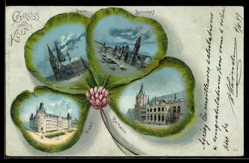 Passepartout-Lithographie Köln, Bahnhof, Post, Rathaus, Kleeblatt