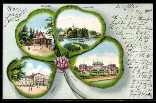 Passepartout-Lithographie Bad Elster, Waldcafe, Louisa-See, Kurhotel, Badehaus, Kleeblatt