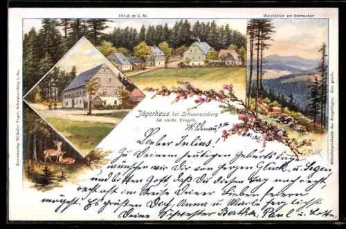 Lithographie Schwarzenberg im sächs. Erzgeb., Gasthof Jägerhaus, Durchblick am Bernecker