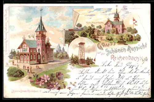 Lithographie Reichenbach i. V., Gasthaus Schöne Aussicht, Karlsturm, König Albert-Grotte