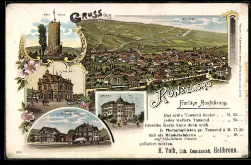 Lithographie Künzelsau, Seminar, Bahnhof, und Restauration, Wart-Turm