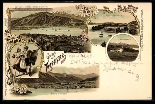 Lithographie Egern /Tegernsee, Teilansicht mit Rottach, Schloss Tegernsee, Neureuthaus