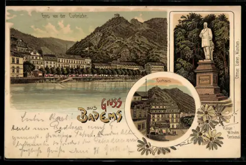 Lithographie Bad Ems, Curhaus, Kaiser Wilhelm Denkmal, Totalansicht von der Curbrücke