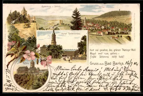 Lithographie Bad Berka, Totalansicht, Residenzschloss Weimar, Wartburg