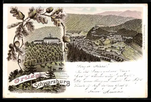 Lithographie Schwarzburg, Blick auf das Schloss, Panoramablick auf Ort und Umgebung
