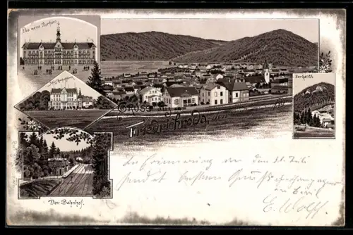 Vorläufer-Lithographie Friedrichroda, 1895, Neues Kurhaus, Schloss Reinhardsbrunn, Bahnhof