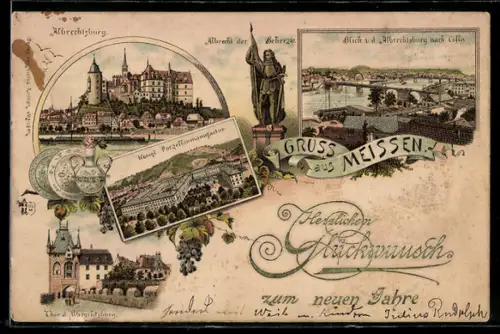Lithographie Meissen, Blick auf Albrechtsburg und Denkmal von Albrecht dem Beherzten