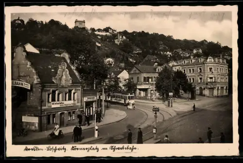 AK Dresden-Loschwitz, Körnerplatz mit Gasthaus Stehbierhalle, Schwebe- und Strassenbahn