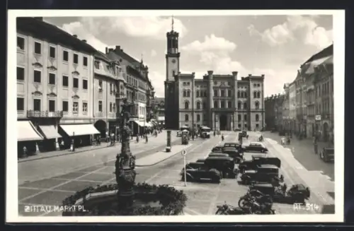 AK Zittau, Marktplatz, Rathaus, Brunnen
