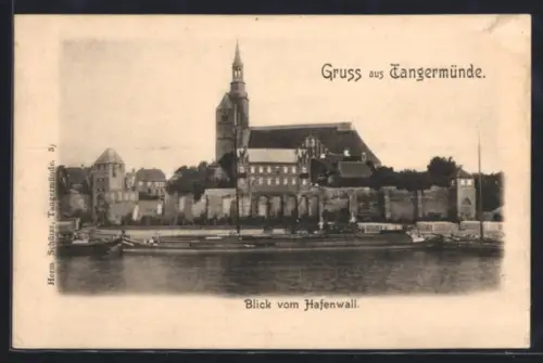 AK Tangermünde, Blick vom Hafenwall auf die Stadt