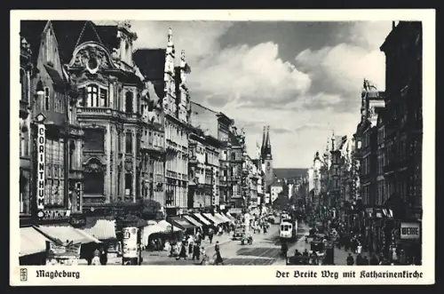 AK Magdeburg, Breiter Weg mit Katharinenkirche, Strassenpartie