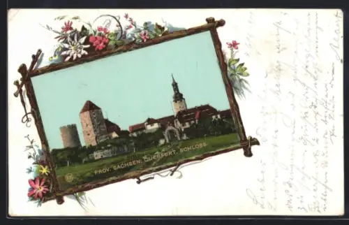 Lithographie Querfurt, Schloss im Holzrahen, Blumen