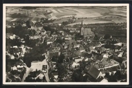 AK Leisnig i. Sa., Flugzeugaufnahme, Ortsansicht, Kirche, Felder