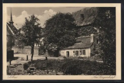 AK Löbau, Am Ziegenkopf, Ortspartie, mit Turmgebäude