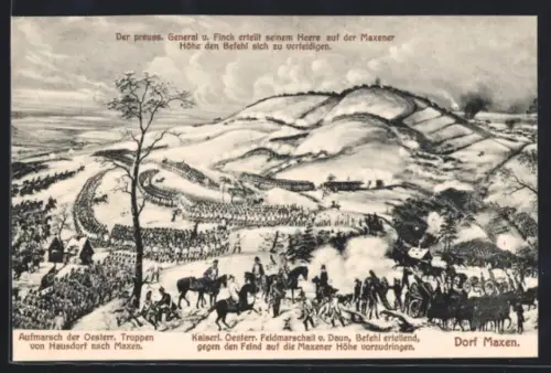 Künstler-AK Maxen, Maxener Höhe, Aufmarsch der Oesterr. Truppen, Feldmarschall Daun, Preussische Heere, General v. Finck