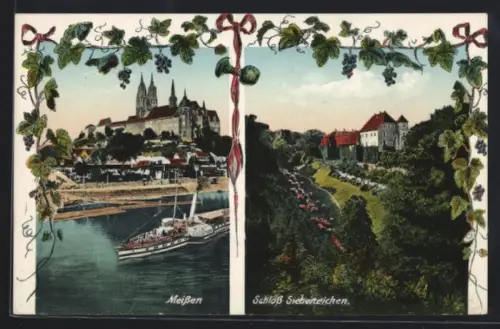 AK Meissen, Stdtansicht m. Dampferanleger, Schloss Siebeneichen