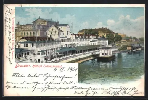 AK Dresden, Helbig`s Gasthaus, Elbufer, Dampferanleger