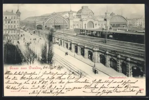 AK Dresden, Hauptbahnhof mit Bahnsteig u. Strasse aus der Vogelschau