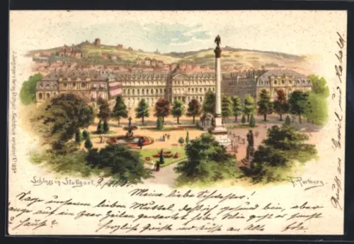 Lithographie Stuttgart, Schloss, Jubiläumssäule, Schlossplatz