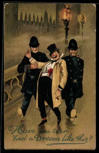 AK Betrunkener Mann wird vor dem Parlamentsgebäude von zwei Polizisten abgeführt