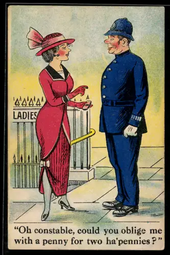 AK Elegante Dame fragt Polizisten nach Pennys, Polizei
