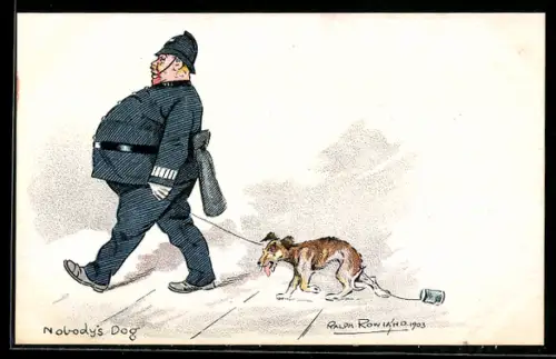 Künstler-AK Polizist führt herrenlosen Hund ab