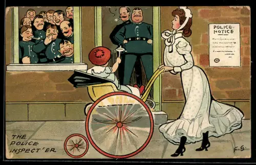 AK Polizeiwache und vorbeilaufende Dame mit Kind im Kinderwagen