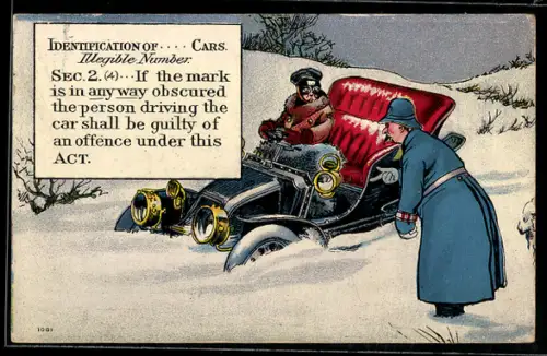 AK Britischer Polizist inspiziert im Schnee festgefahrenes Auto