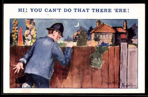 Künstler-AK Britischer Polizist schaut nachts über einen Bretterzaun