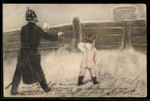 Künstler-AK Eduard Adrian Dussek: Engel pinkelt Prosit Neujahr in den Schnee, Polizist gibt Strafzettel