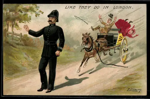 Künstler-AK Britischer Polizist und sich schnell nähernde Pferdekutsche