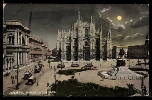 AK Milano, Piazza del Duomo, Luna, Strassenbahn