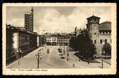 AK Torino, Piazza Castello e Torre Littoria, Strassenbahn