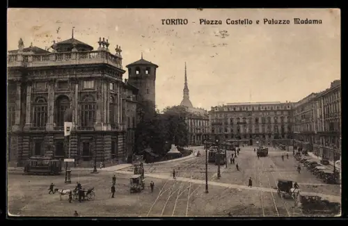AK Torino, Piazza Castello e Palazzo Madama, Panorama, Strassenbahn