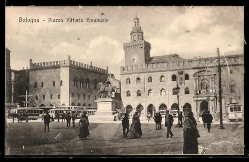 AK Bologna, Piazza V. Emanuele, Panorama, Strassenbahn