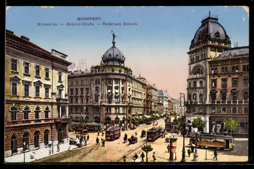 AK Budapest, Rákoczi-Strasse mit Strassenbahnen aus der Vogelschau