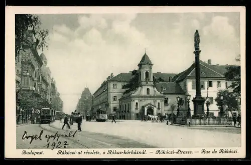 AK Budapest, Rákóczi-Strasse, Panorama, Strassenbahn