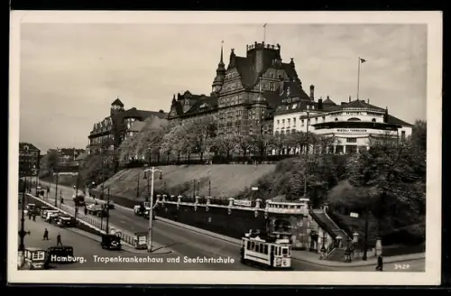 AK Hamburg, Tropenkrankenhaus und Seefahrtschule mit Strassenbahn