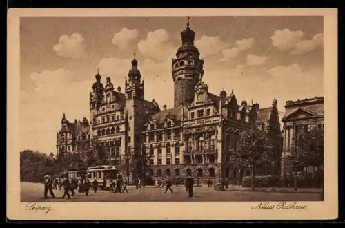 AK Leipzig, Partie am neuen Rathaus mit Strassenbahn