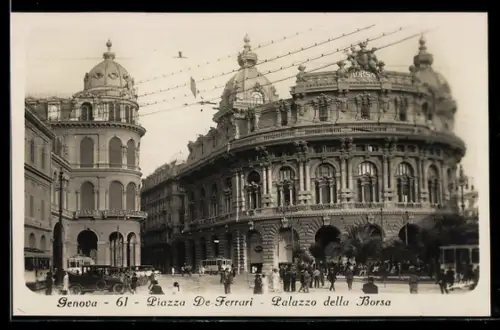AK Genova, Piazza De Ferrari, Palazzo della Borsa, Strassenbahn