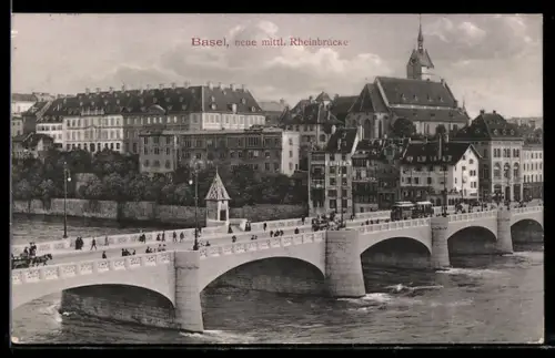AK Basel, Neue mittlere Rheinbrücke mit Strassenbahn aus der Vogelschau